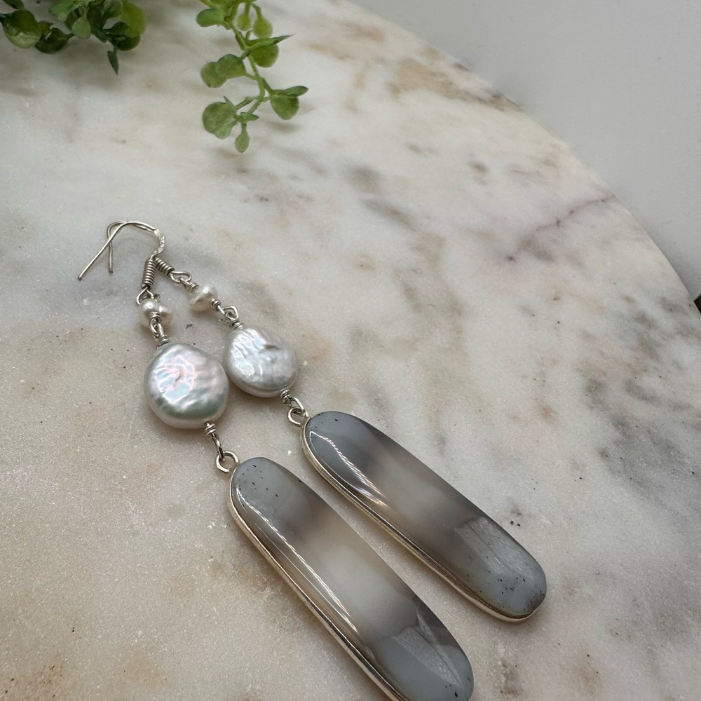 Neutral Agate White Fresh Water Pearl Long Drop Earrings